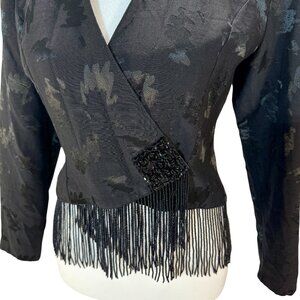 Jackie K. Black Jacquard Beaded Fringe Bolero Jacket, Evening